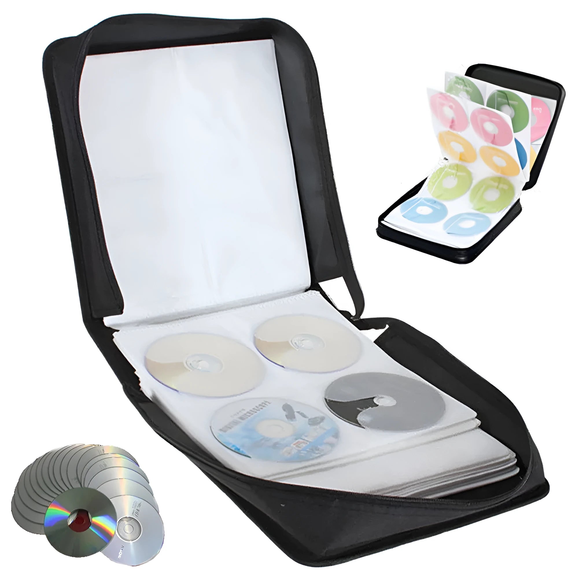 Black Oxford fabric CD DVD storage organiser case with a zipper and top hand strap, showing multiple disc sleeves inside.