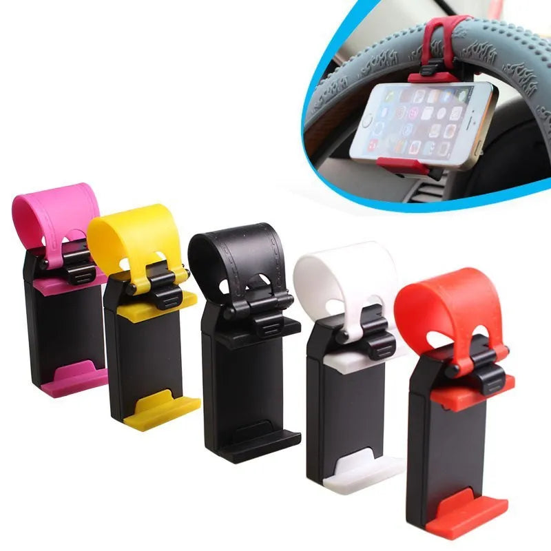 Universal black steering wheel phone mount holder clipped onto a car wheel