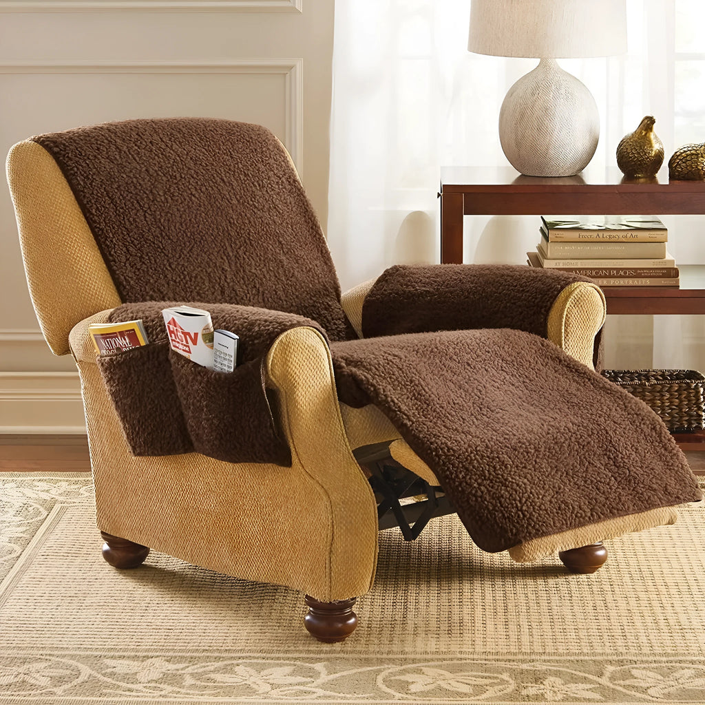 Lambswool patterned polyester sofa cushion cover in beige, shown on a sofa seat.