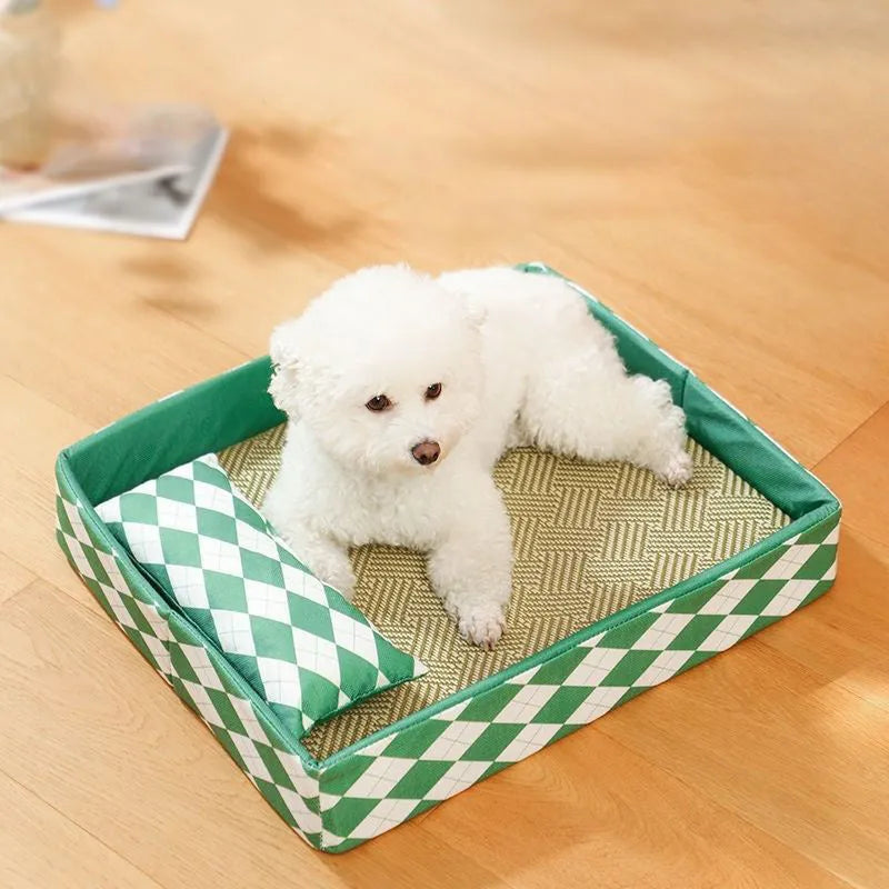Blue rattan weave cat mat with non-slip base shown in size L, placed on a wooden floor.