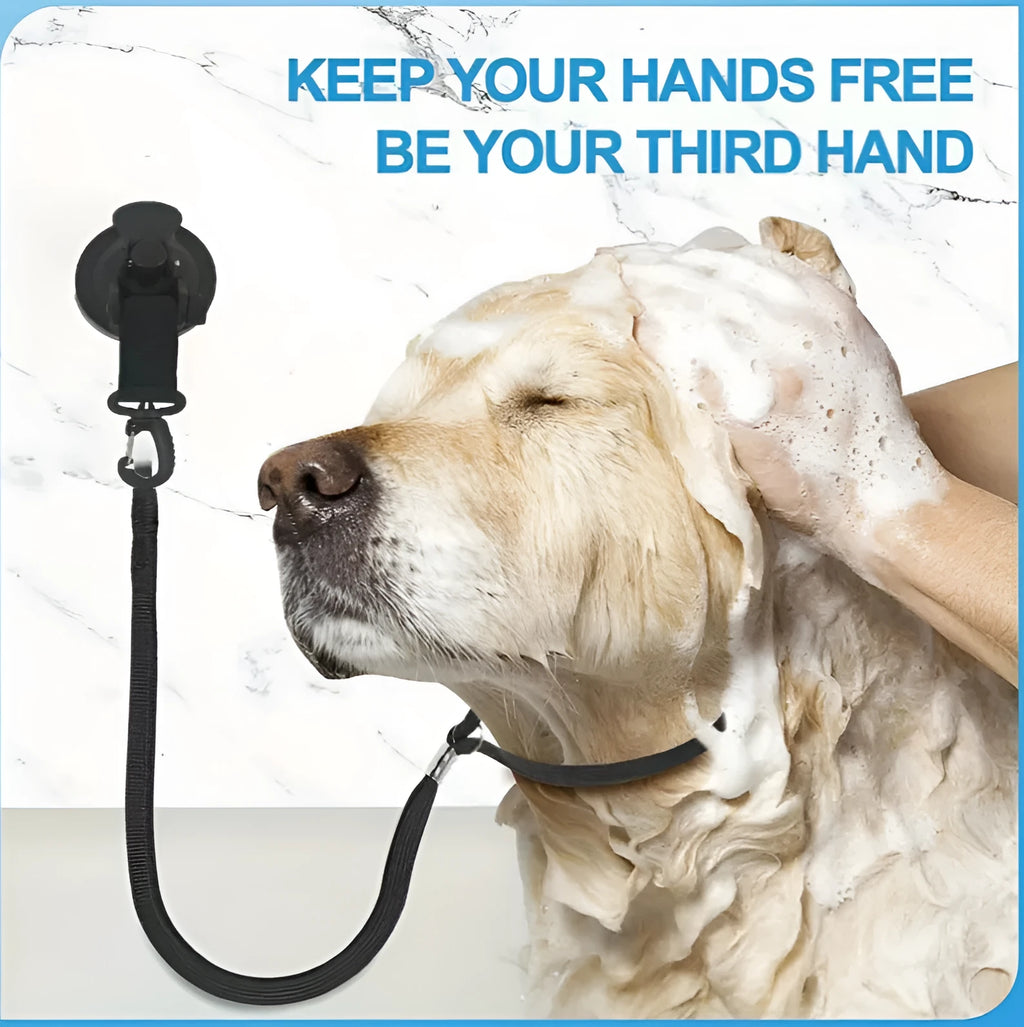 Pet bathing restraint handcuffs with suction cups and anti-grab traction rope in black or blue colour