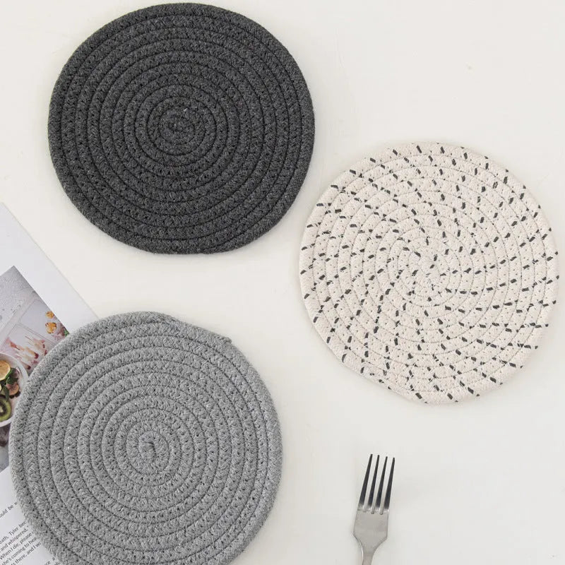 Three round cotton cord coaster placemats 18cm diameter in modern simple style