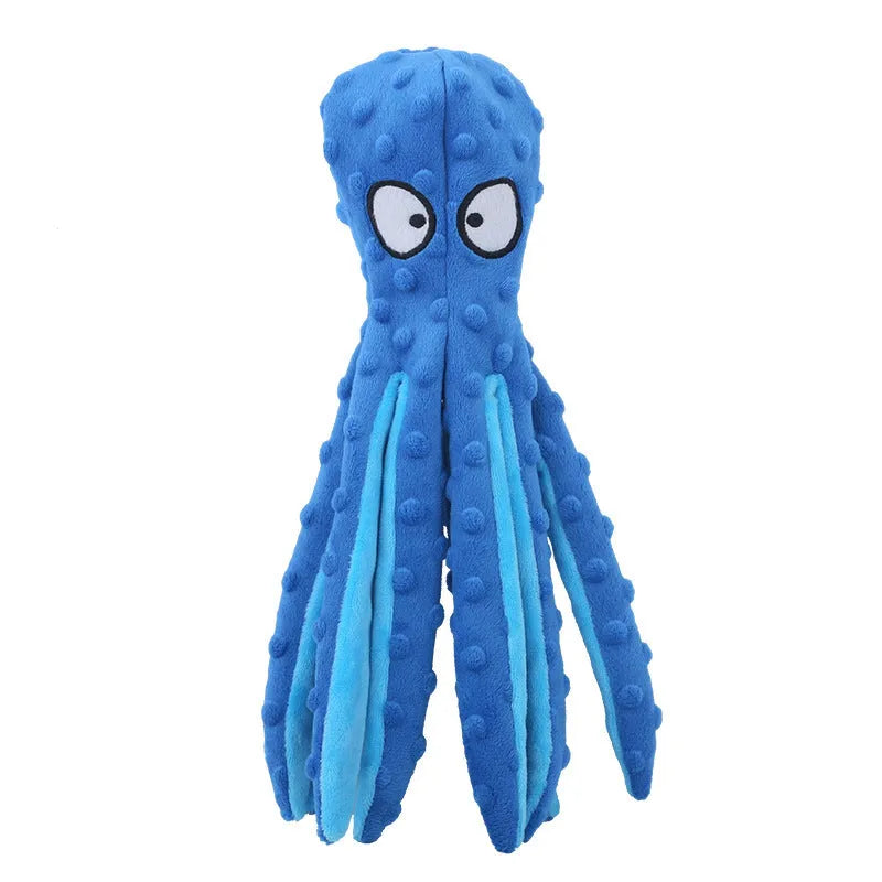 Blue octopus-shaped dog squeaky toy with no stuffing and crinkle sounds for chewing