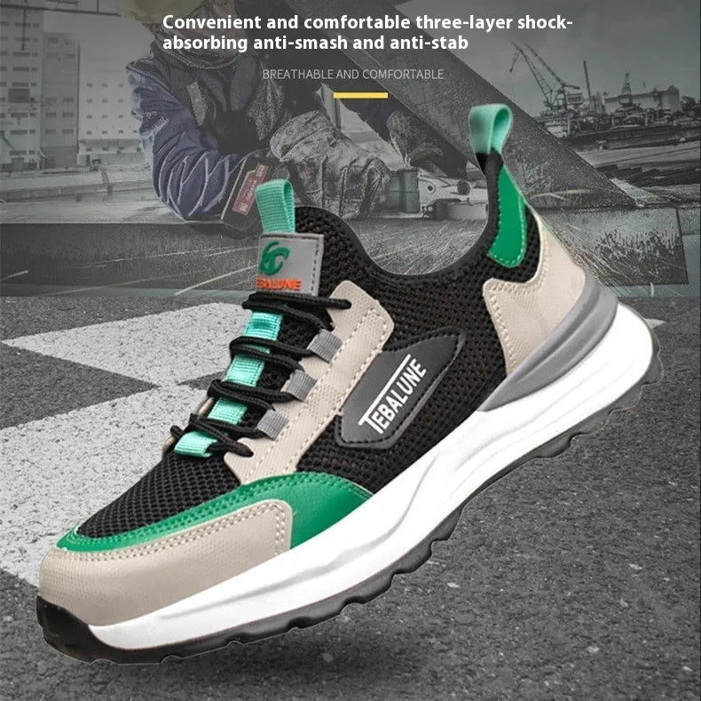 Black and green plastic steel toe safety shoes with mesh upper panels and TPU sole