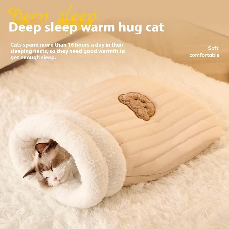Warm cat sleeping bag with PP cotton filling and fleece exterior in blue grey colour