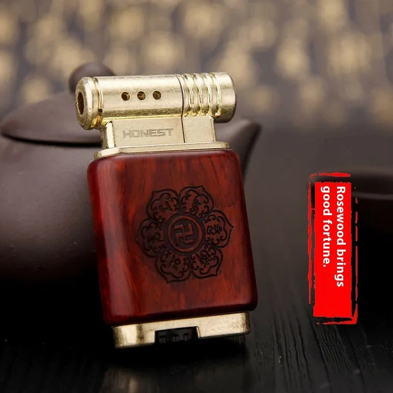 Ebony gas lighter with black wood finish and rosewood decorative detailing