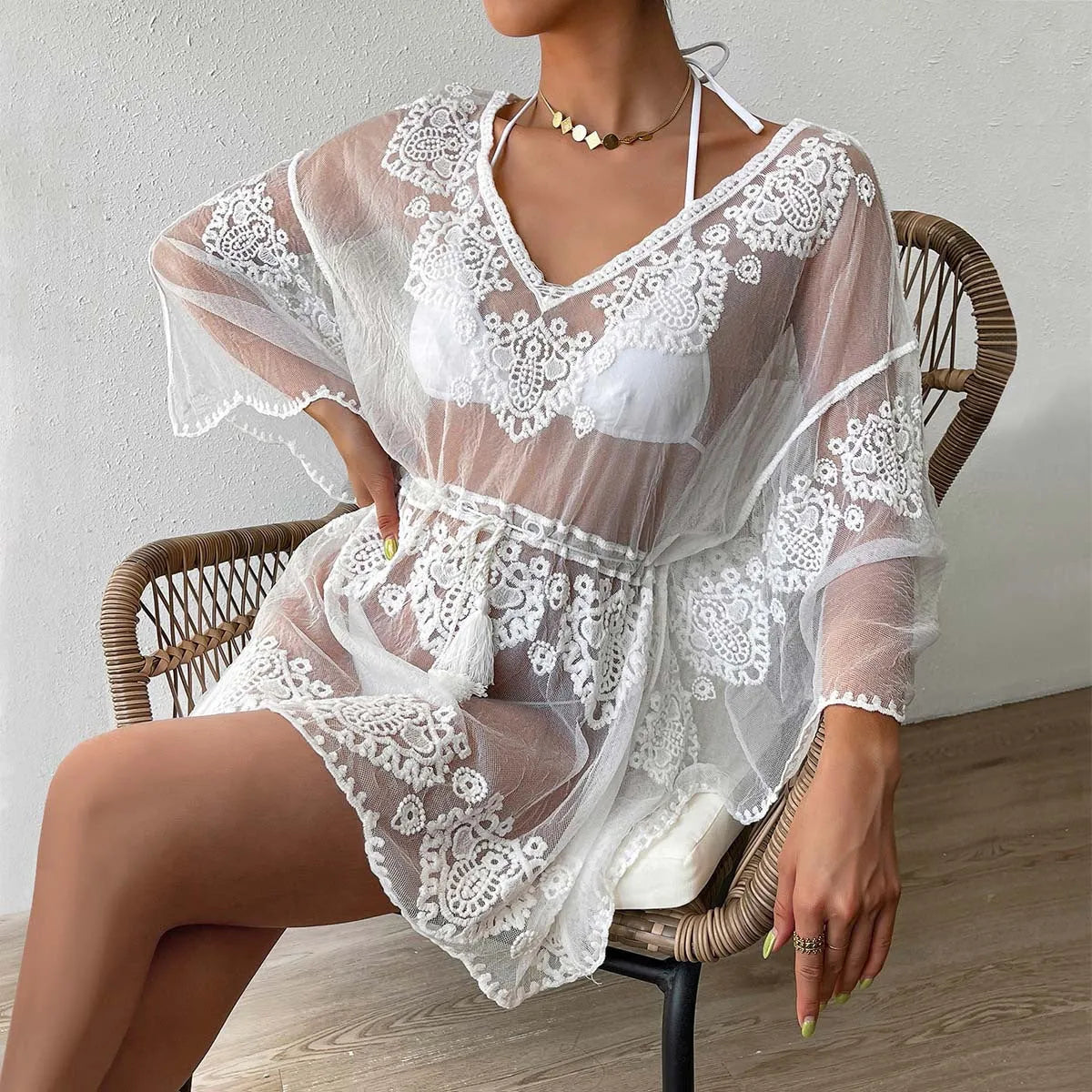 White beach blouse with water-soluble texture fabric for swimwear cover-up