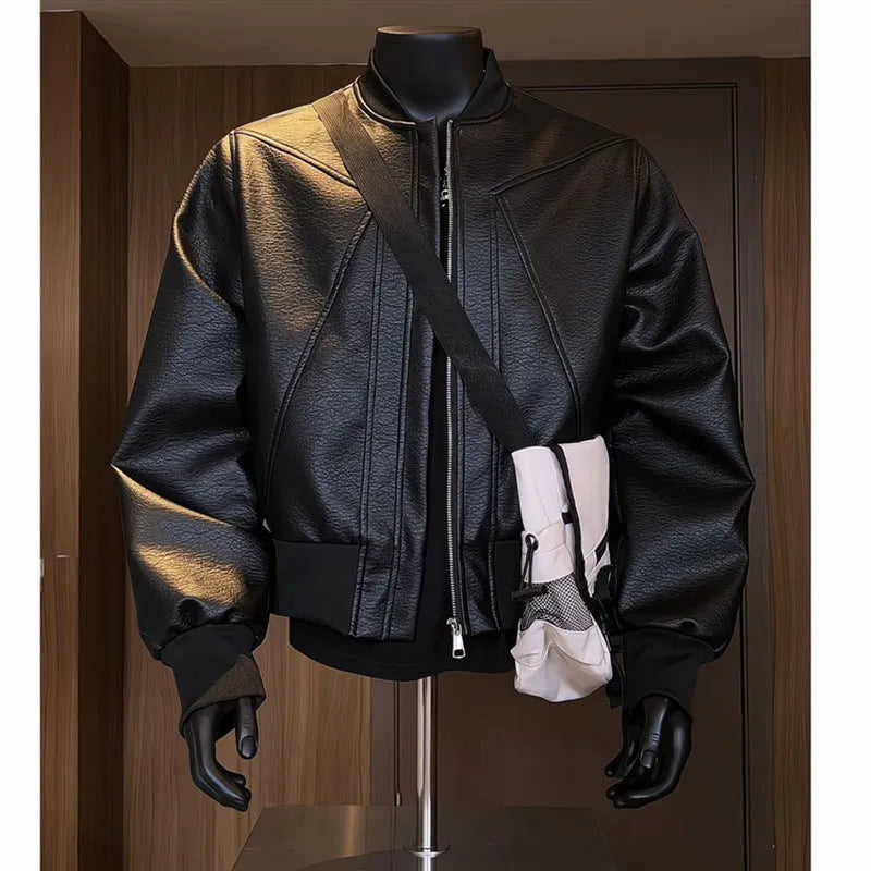 Men's black extended length PU leather jacket with egg white litchi grain texture in slim fit business style