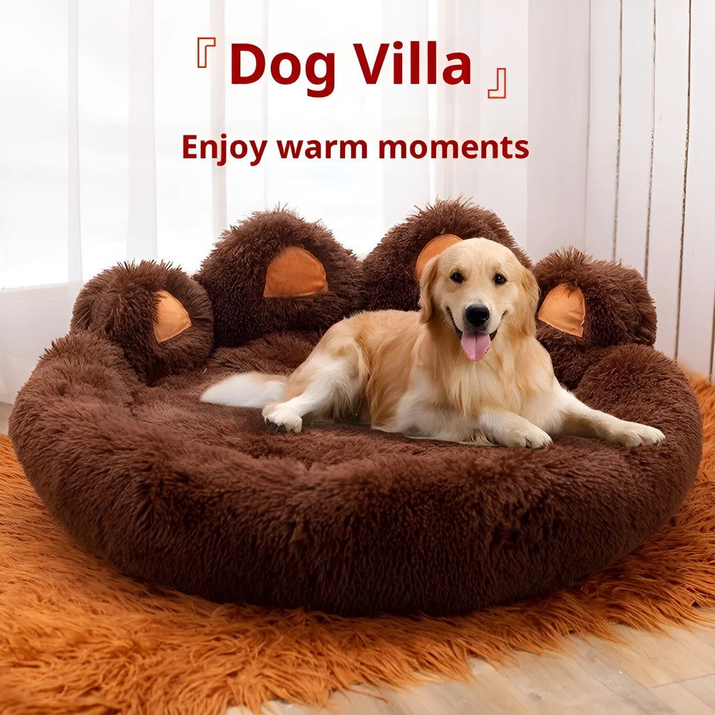 Round plush pet bed in coffee colour with raised rim and textured hand-shaped brush nest surface
