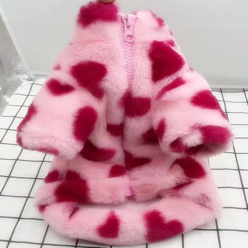 British-style pink warm coat on small Teddy Bichon dog showing plush polyester construction