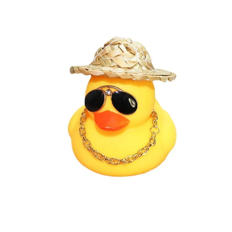 Cartoon yellow duck wearing straw hat car dashboard ornament with sunglasses necklace accessory