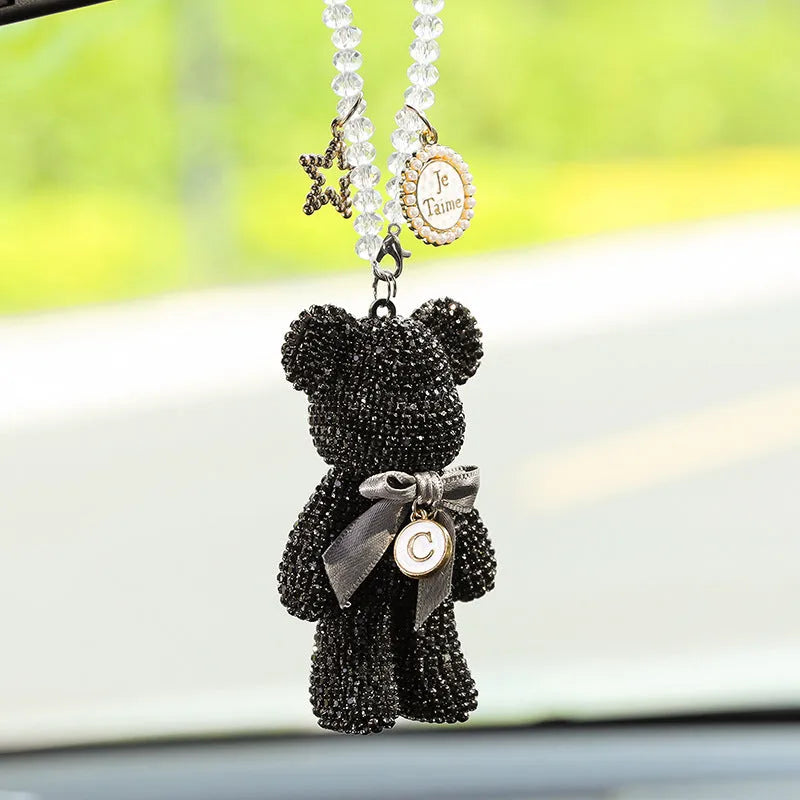 Black, white, and mixed pastel Violent Bear car rearview mirror pendant with diamond-embedded design