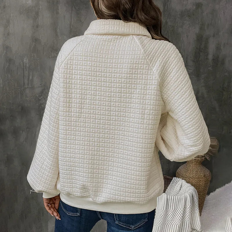 Women's Milky White polo collar sweater, a thickened polyester pullover with long sleeves.