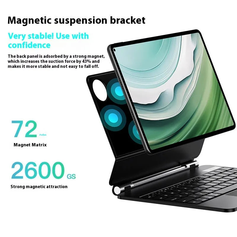 Miaocontrol black magnetic wireless keyboard attached to a Huawei Matepad 11 tablet inside a PU leather protective cover.