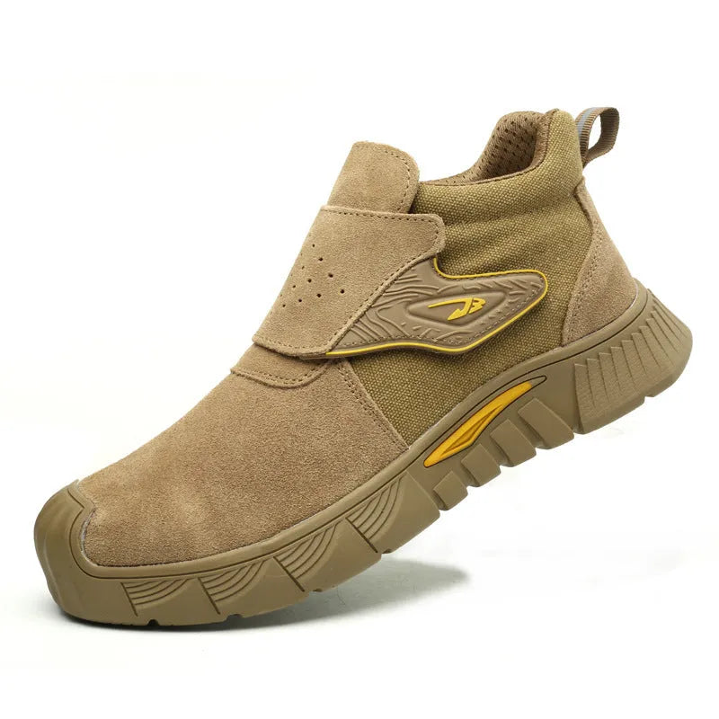High-top grey steel toe cap industrial work shoes for welding and construction safety.