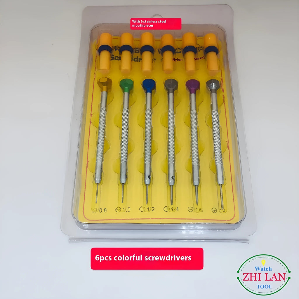 Six colour-coded screwdrivers with aluminium handles for watch repair work