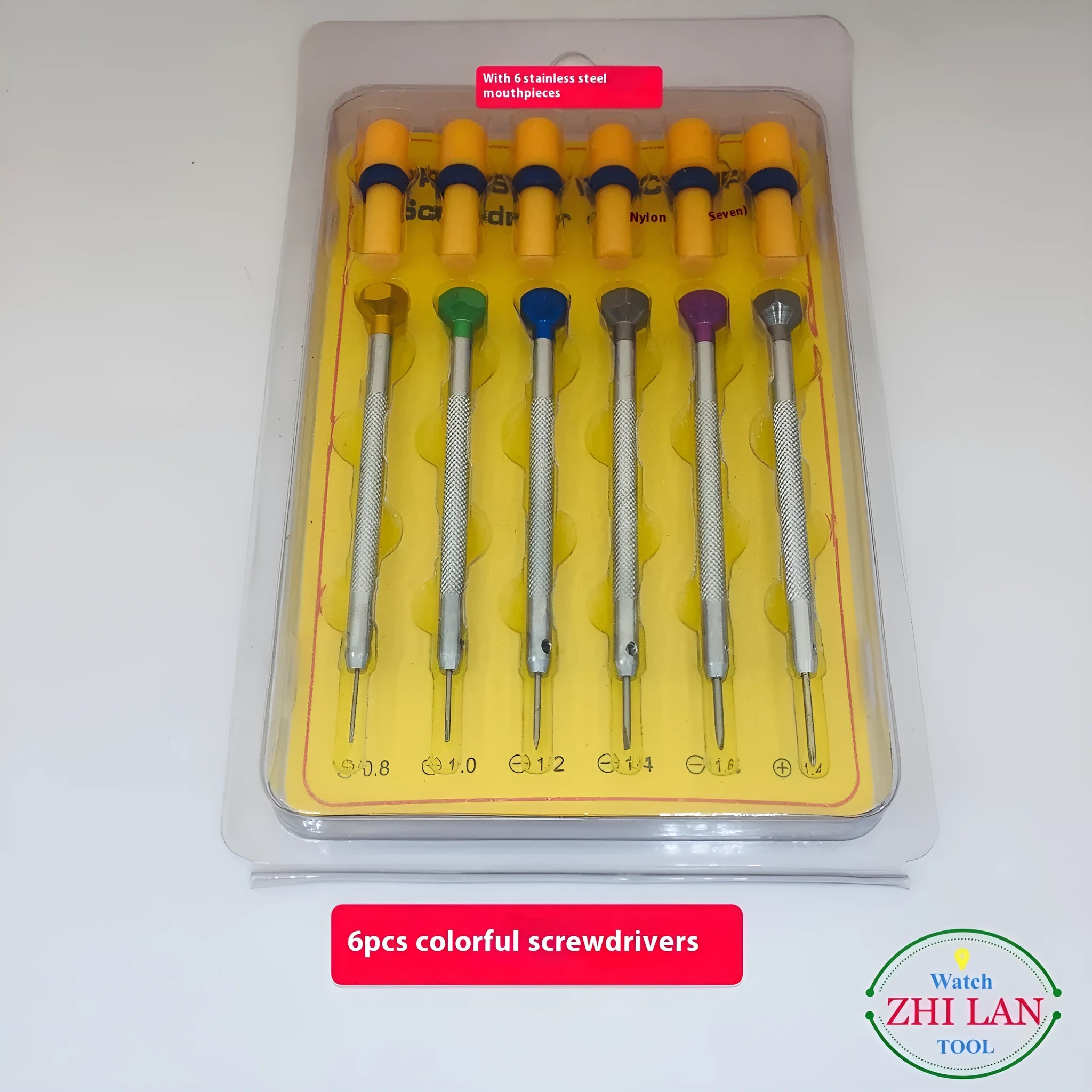 Six colour-coded screwdrivers with aluminium handles for watch repair work
