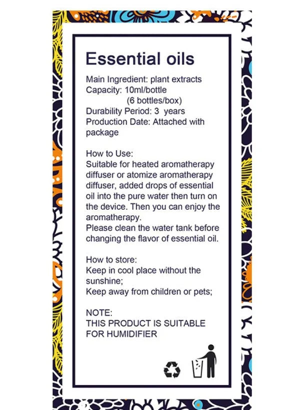 Set of six 10ml glass bottles of botanical aromatherapy essential oils in Lavender, Lemongrass, Tea Tree, Peppermint, Rosemary, and Orange