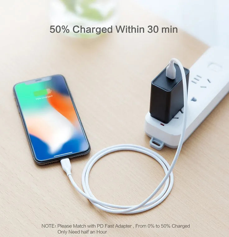 White braided nylon USB-C to Lightning cable with aluminium connectors, shown at full 2.4m length.