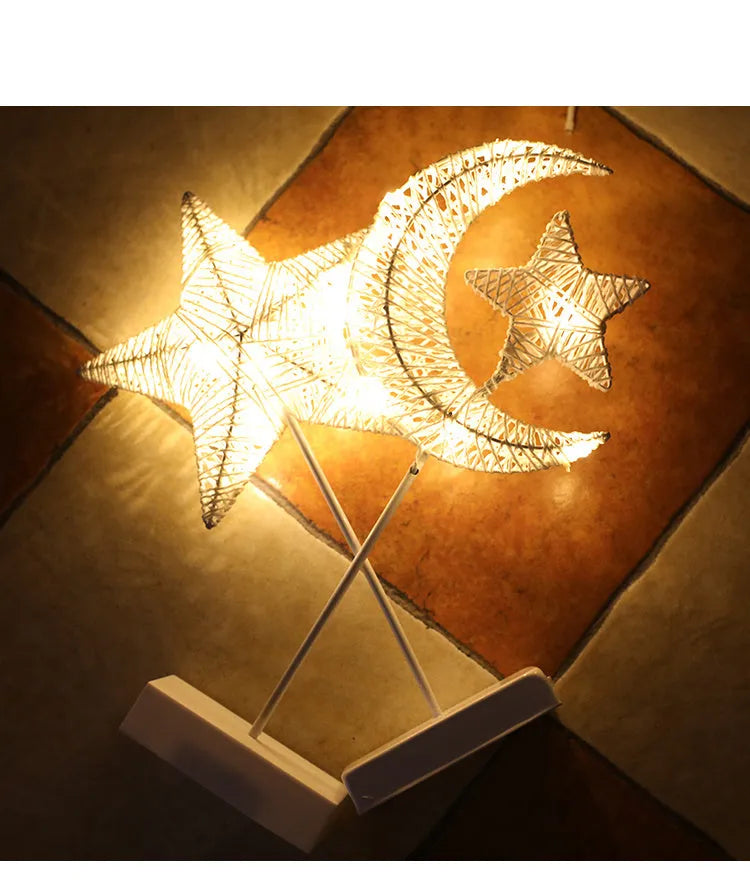 Battery-powered rattan and PC decorative LED lamp in heart, star, or moon shape.
