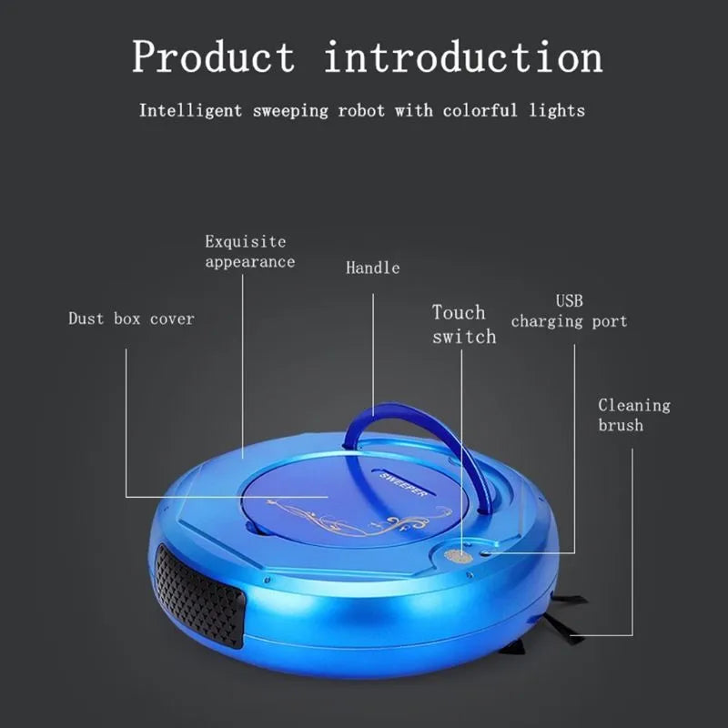 Lazy Smart floor sweeping robot in blue, black or white colours with charging cable and accessories