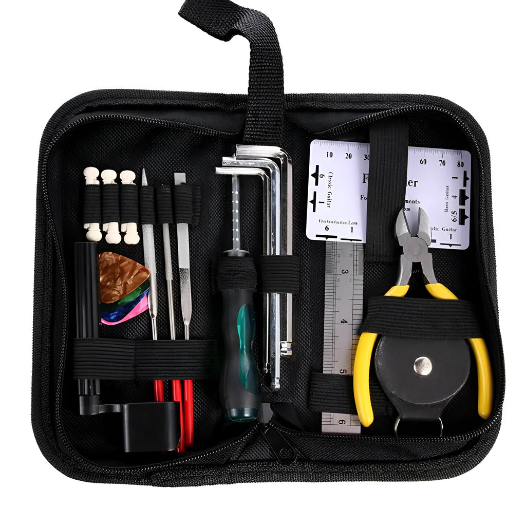 Black plastic and metal guitar repair tool kit for guitar, bass, mandolin, banjo maintenance.