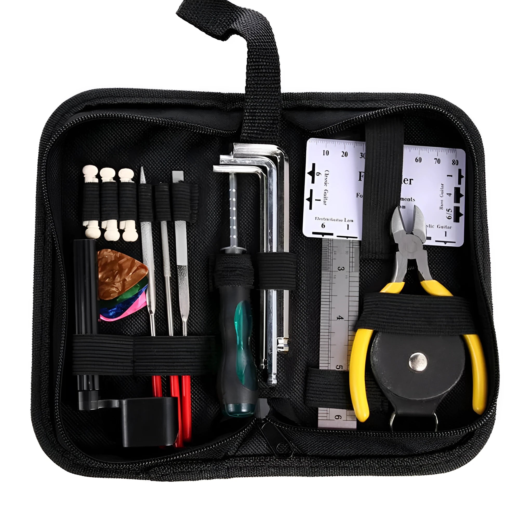 Black plastic and metal guitar repair tool kit for guitar, bass, mandolin, banjo maintenance.