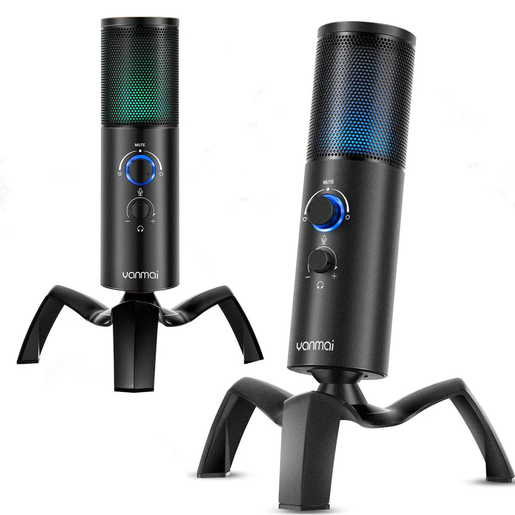 Black Q18 USB condenser microphone with RGB lights on a metal tripod stand