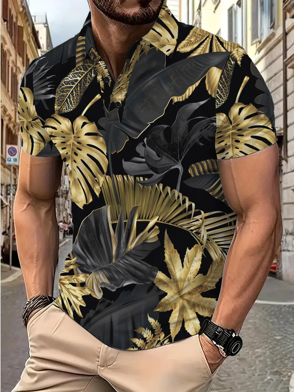 Gold tropical plant pattern printed men's short sleeve shirt on hanger