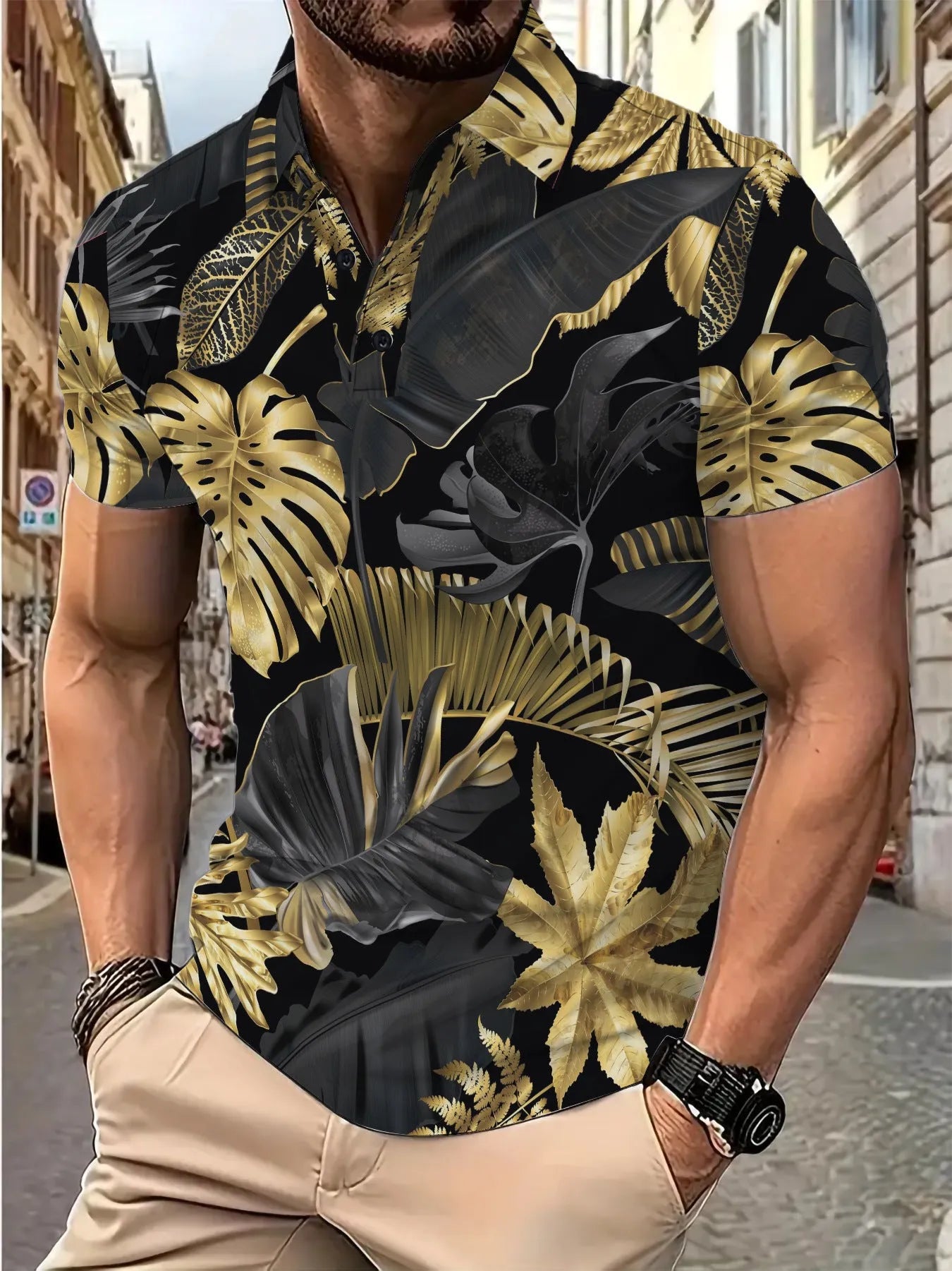 Gold tropical plant pattern printed men's short sleeve shirt on hanger
