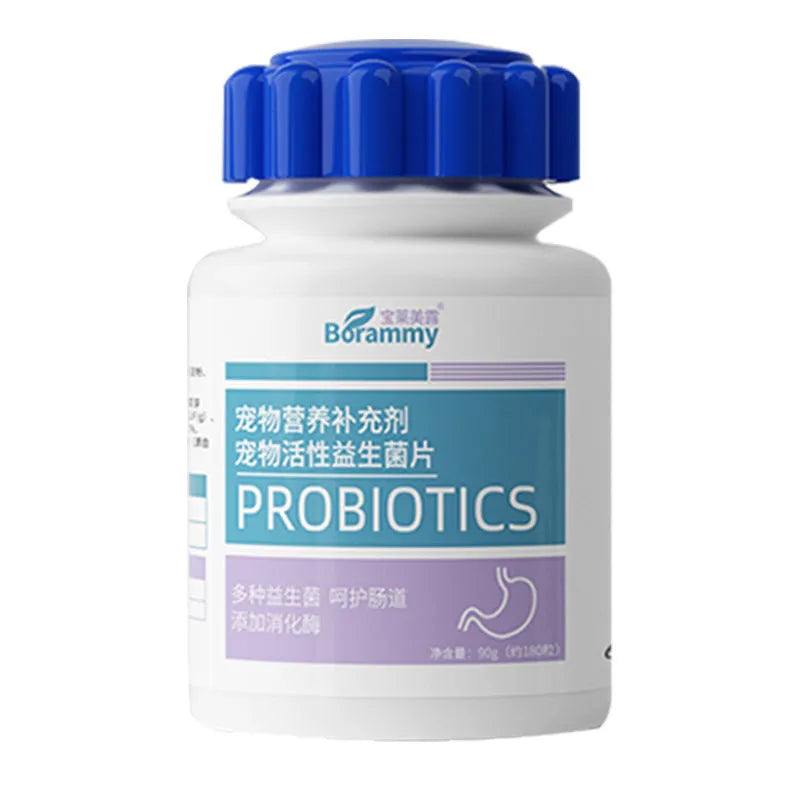 Bottle of 180 pet probiotic tablets for digestive health support in dogs and cats