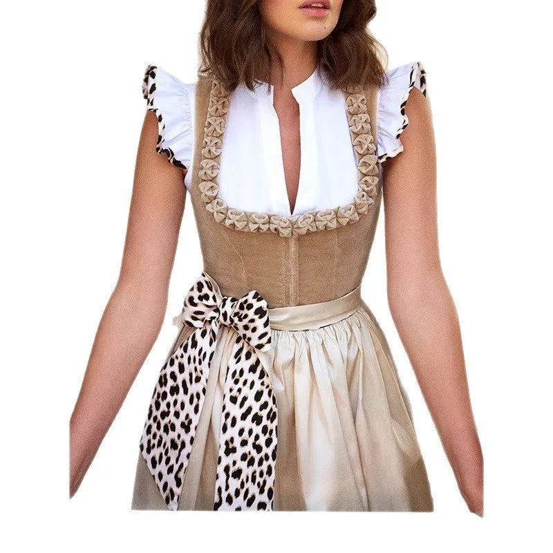 Khaki women's German Oktoberfest dress with elegant cut in cotton-polyester fabric