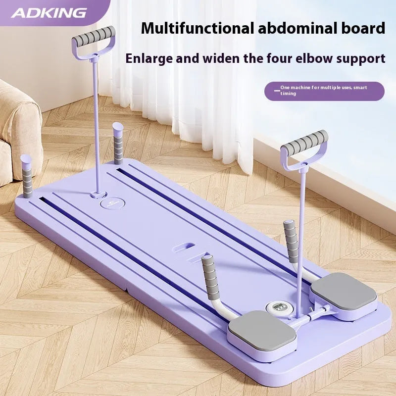 Standard purple PP plastic fitness board with abdominal wheel for home exercise.