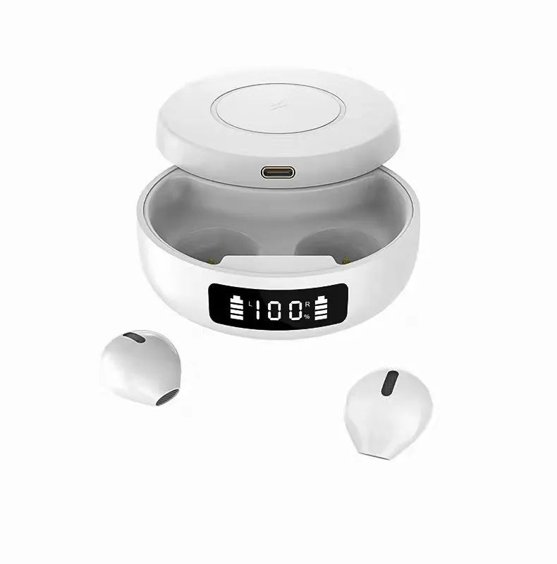 Black wireless Bluetooth earbuds with semi-in-ear design beside their wireless charging case