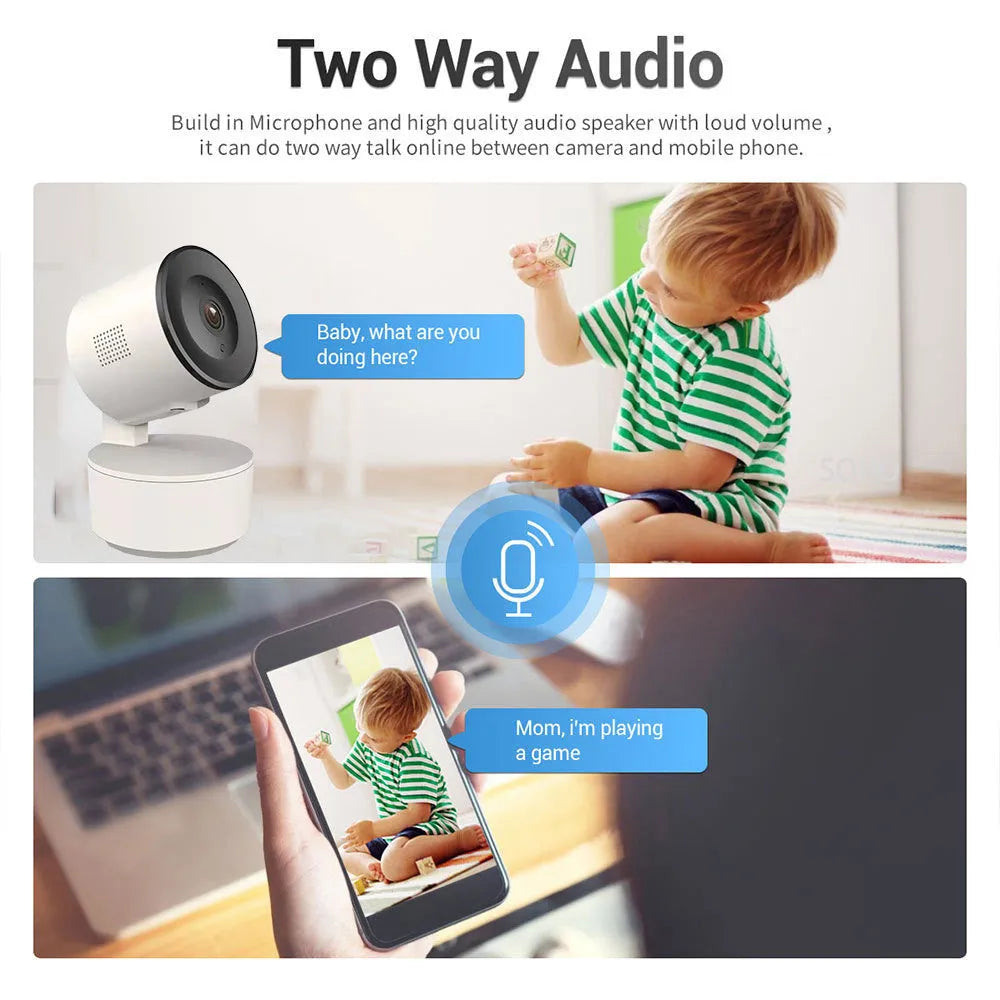 Smart WiFi PTZ security camera with pan-tilt functionality for indoor monitoring