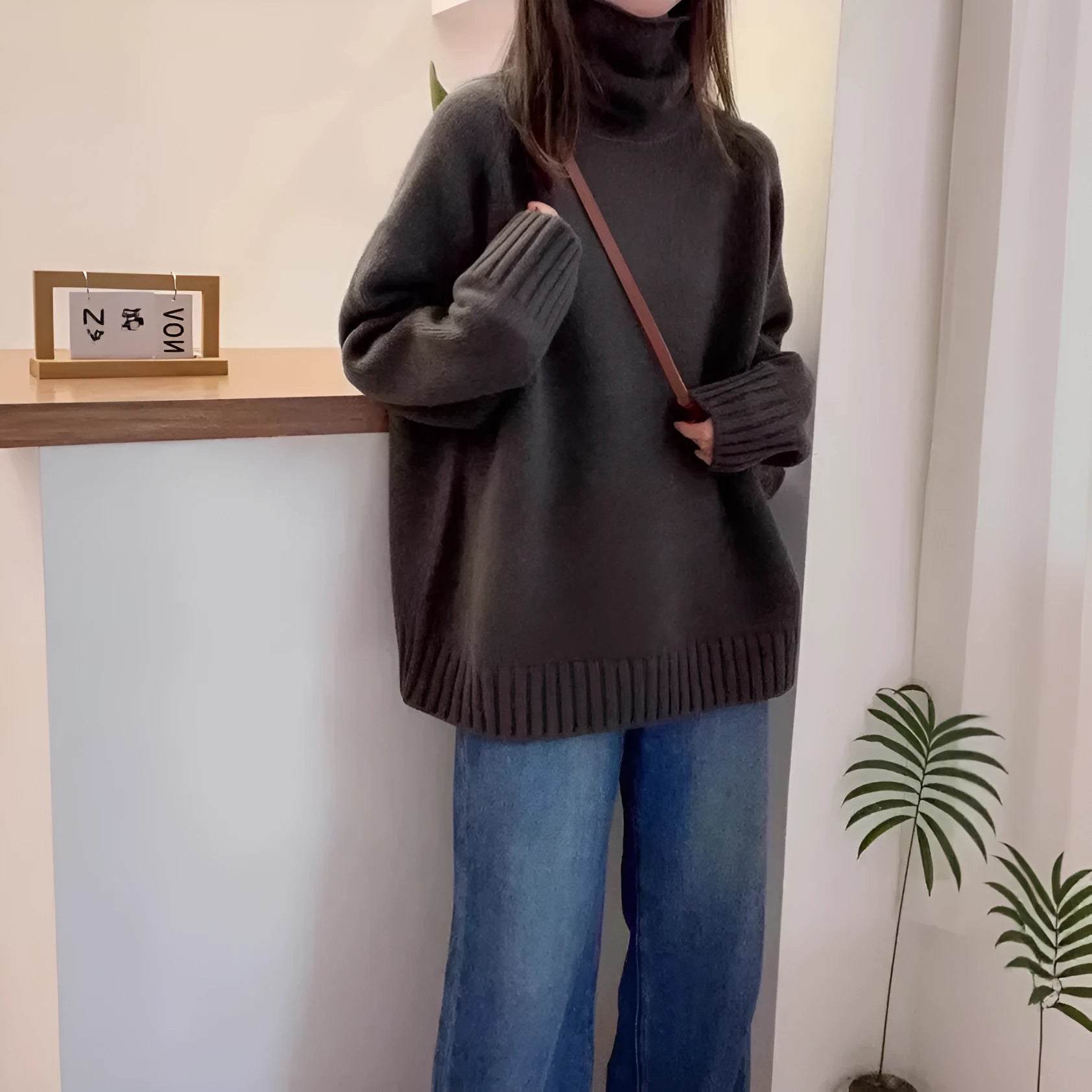 Women's loose turtleneck sweater with thick curling pile collar in red camel grey black colours