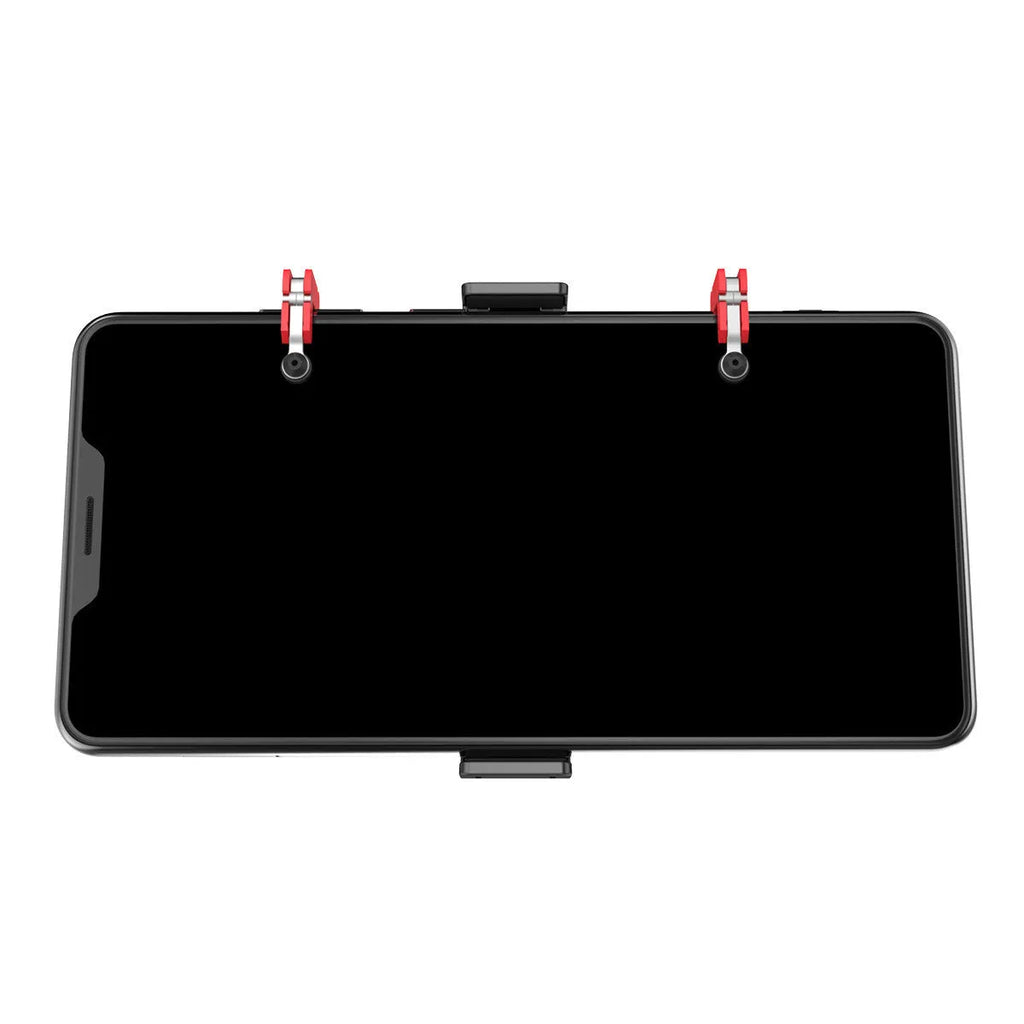 Black phone game controller bracket with an adjustable trigger and telescopic phone clip for mobile gaming.