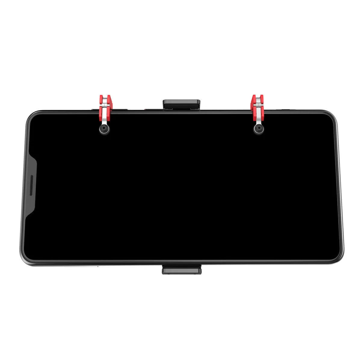 Black phone game controller bracket with an adjustable trigger and telescopic phone clip for mobile gaming.