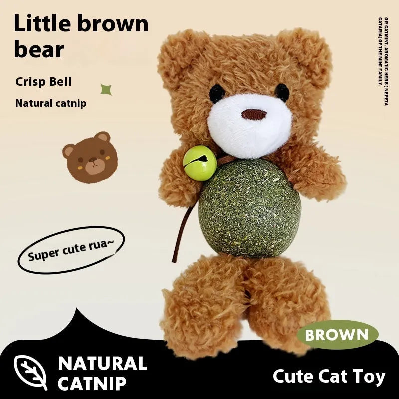 Brown bear plush cat toy with mint ball centre and bell, measuring 15cm high by 7cm wide