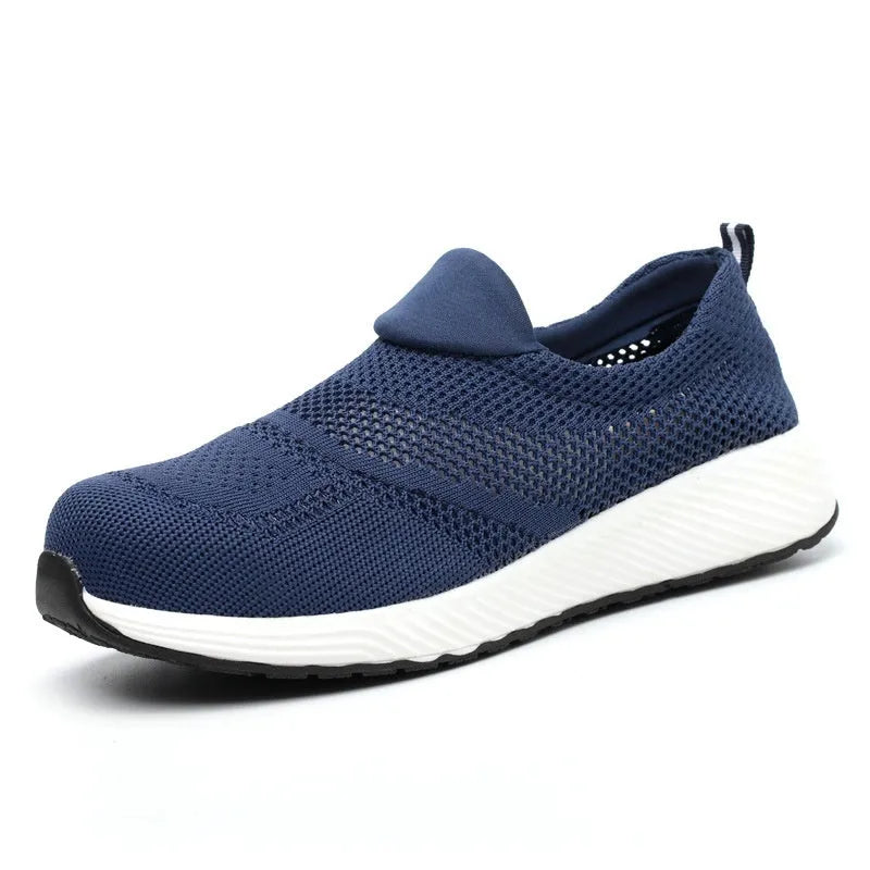 Men's lightweight black mesh work shoes with a low-top design and steel toe cap.