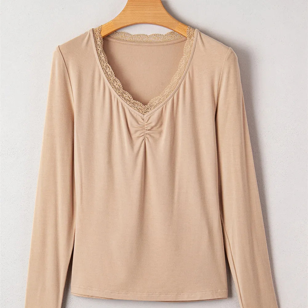 Women's red long sleeve casual top with lace trim detail on neckline, slim fit design