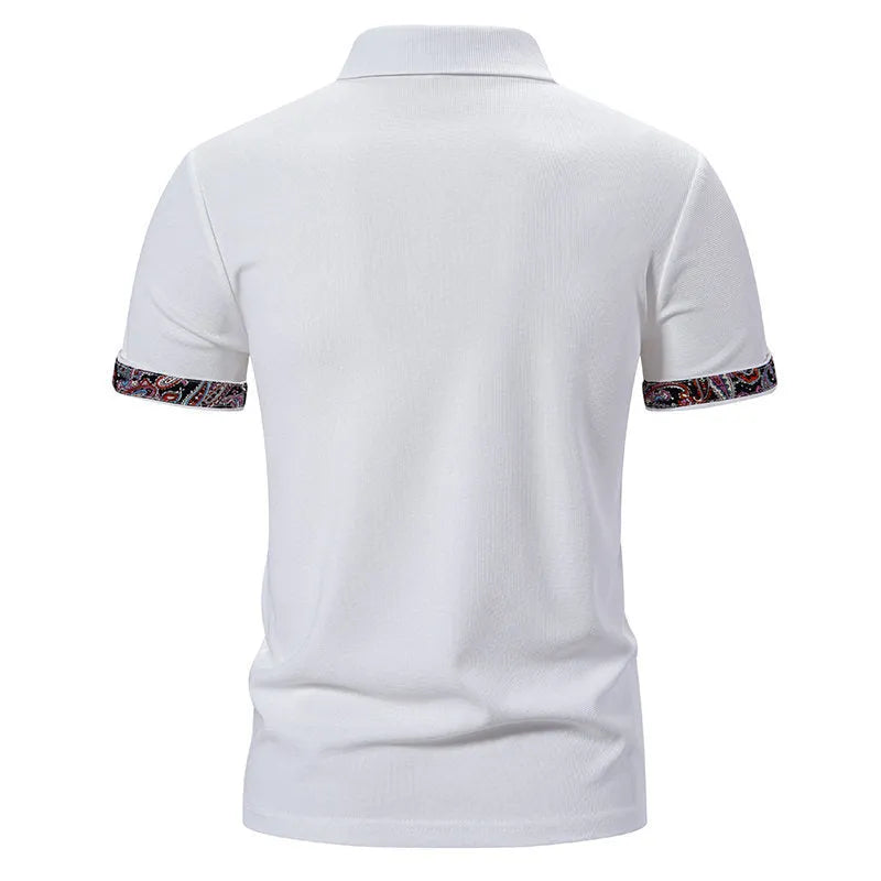 Men's cotton blend polo shirt with colour stitching on turnover collar in white, black or navy blue