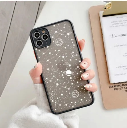 Black and white iPhone cases with textured surface and blue light reduction feature for multiple models.
