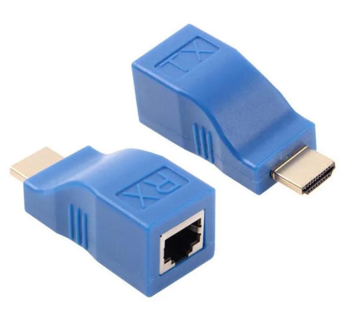 HDMI extender transmitter and receiver pair for 1080P signal transmission over Cat-5e/6 cable up to 30 metres.