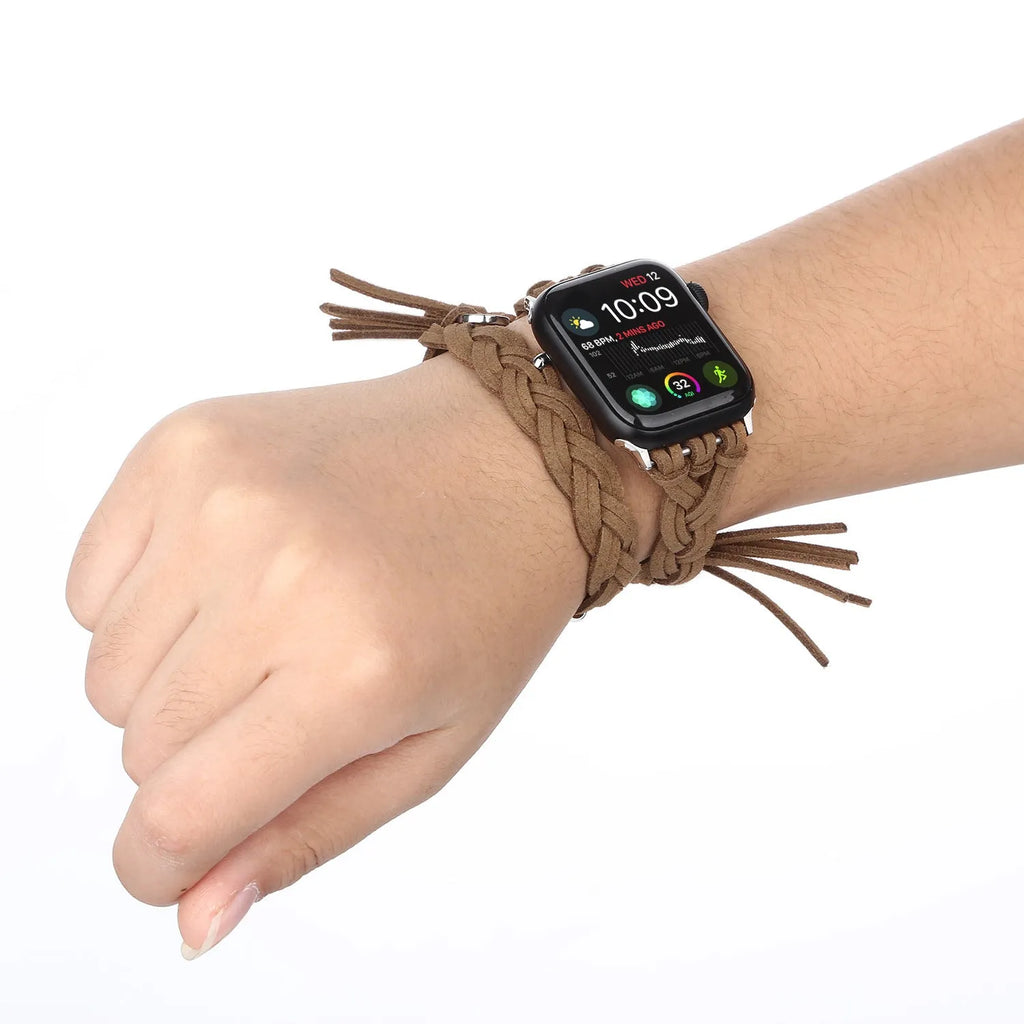 Genuine leather cord braided smart watch strap for iWatch in Black, Brown, Dark Brown, Green, Pink, and Red sizes 38/40/41mm and 42/44/45mm