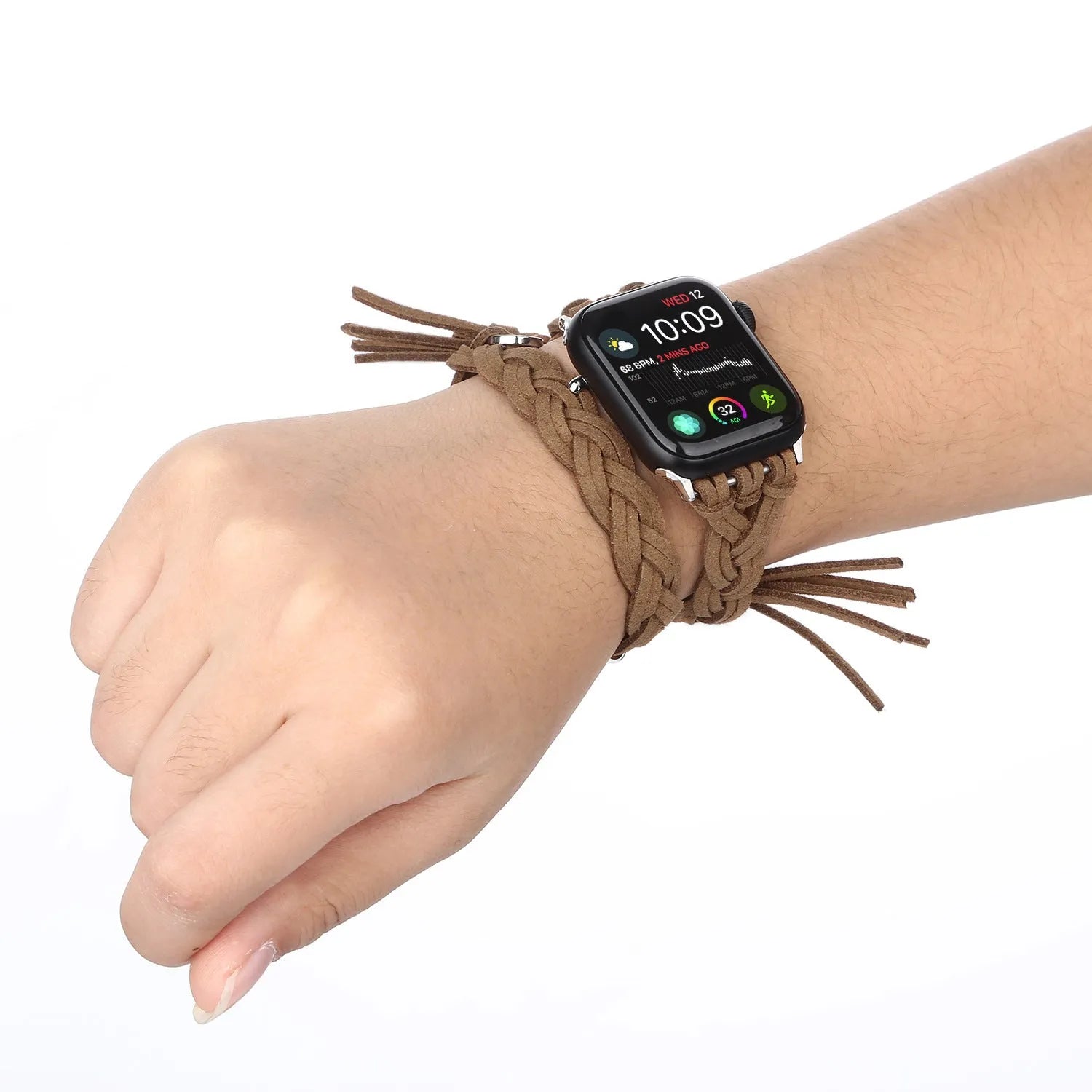 Genuine leather cord braided smart watch strap for iWatch in Black, Brown, Dark Brown, Green, Pink, and Red sizes 38/40/41mm and 42/44/45mm