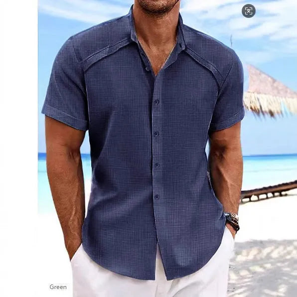Men's solid colour casual short sleeve shirt in cotton blend fabric on a hanger.