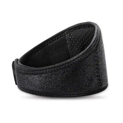 Black adjustable self-heating magnetic therapy neck guard showing straps.