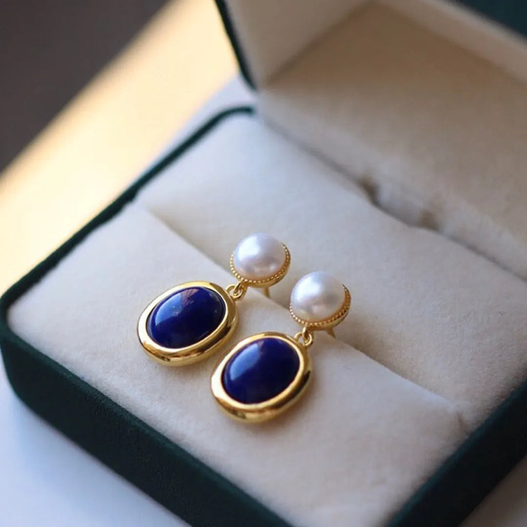 Natural lapis lazuli pearl stud earrings in sterling silver with simple design