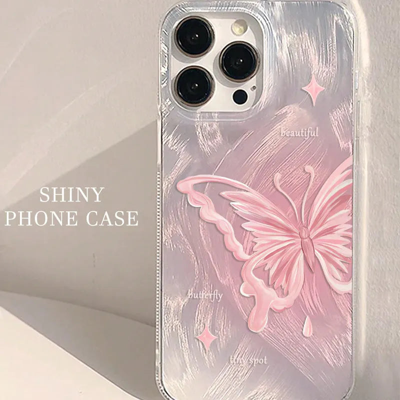 Transparent PC silicone phone case with feather yarn butterfly design for Apple iPhone